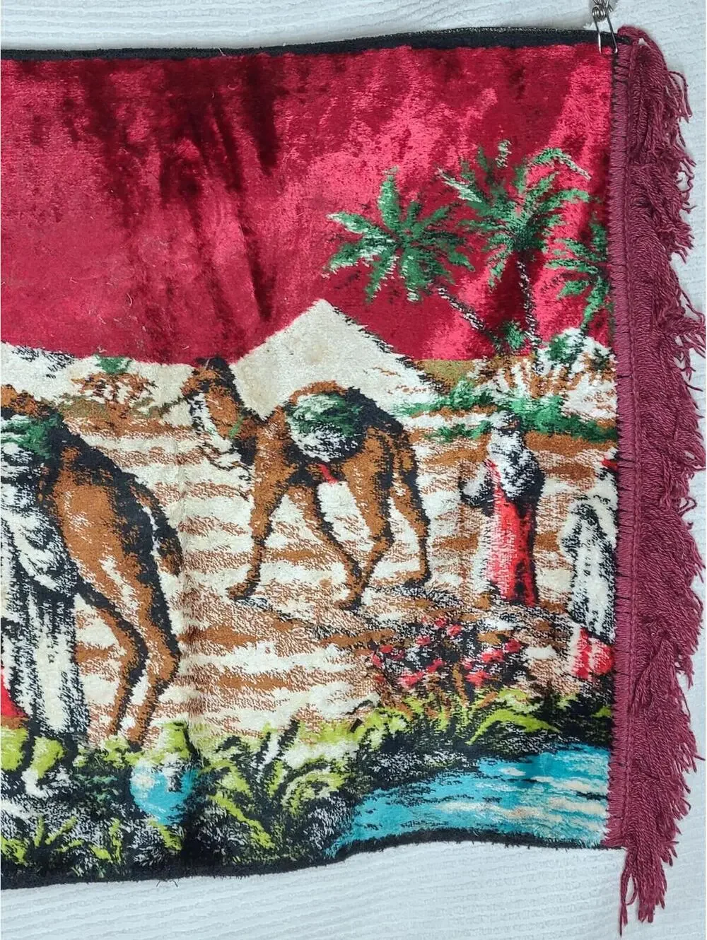 Vtg Velvet Tapestry Woven Cotton Wall Art 44x20” Rectangle Desert Scene Camels